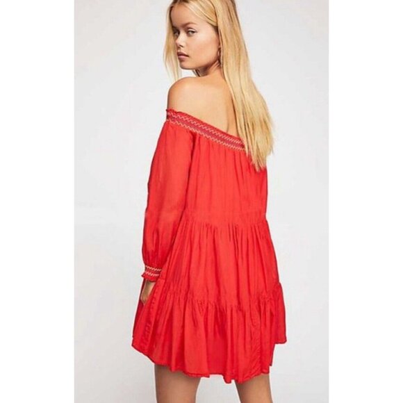 NEW! Free People Sunbeams Off the ShoulderDress Embroidered Boho Red SZ M - Picture 6 of 16